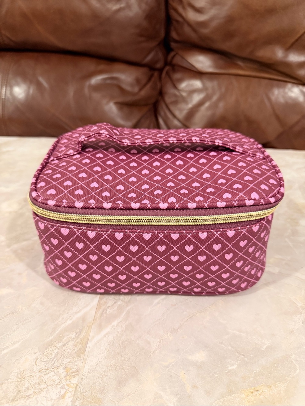 Under One Sky Pink Heart Pattern Makeup Bag with Gold Zipper